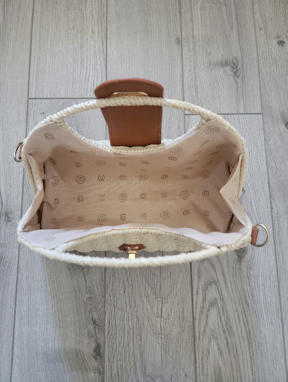 Woven Straw Top-Handle Bag with Tan Leather Accent - Picture 6 of 6